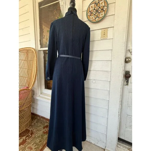 Vintage 70's Navy Blue LeRok Korell Knit Maxi Dress With Belt Sz M - Picture 3 of 16